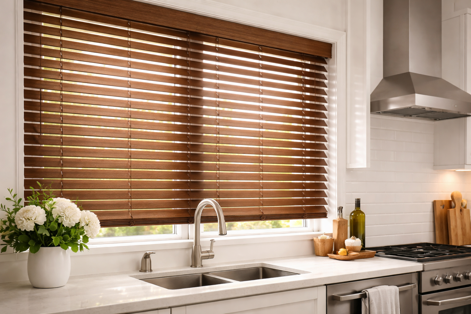 Premium wood blinds in a modern Vaughan kitchen by Centurian Window Fashions