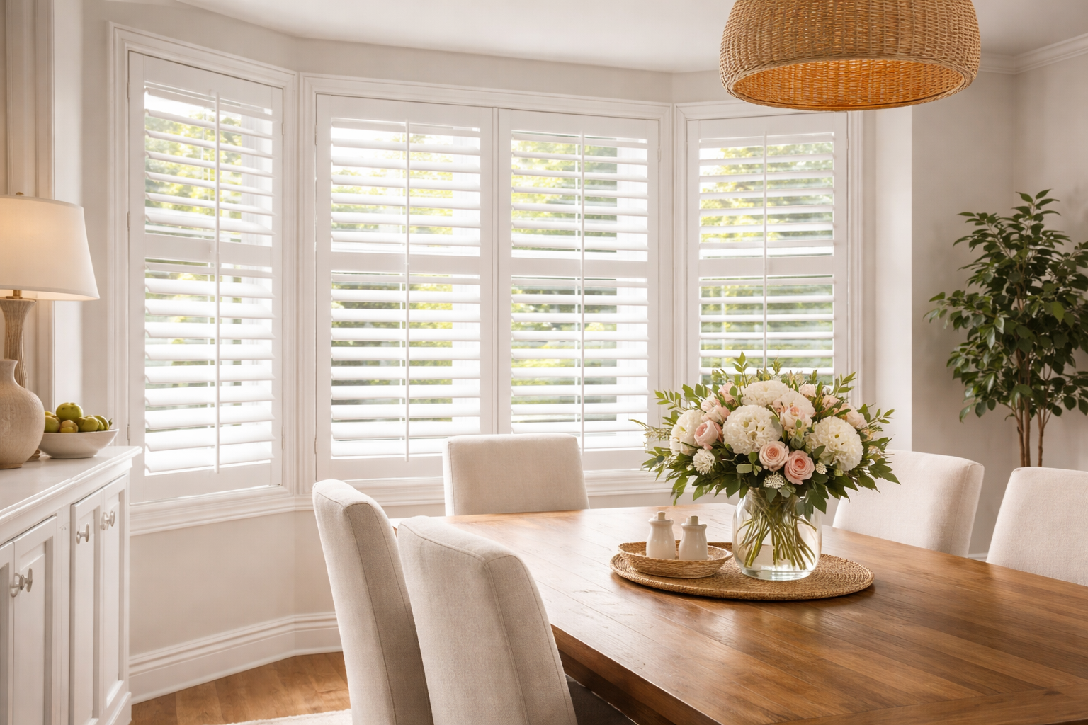 White plantation shutters on a bay window in a Vaughan dining room by Centurian Window Fashions
