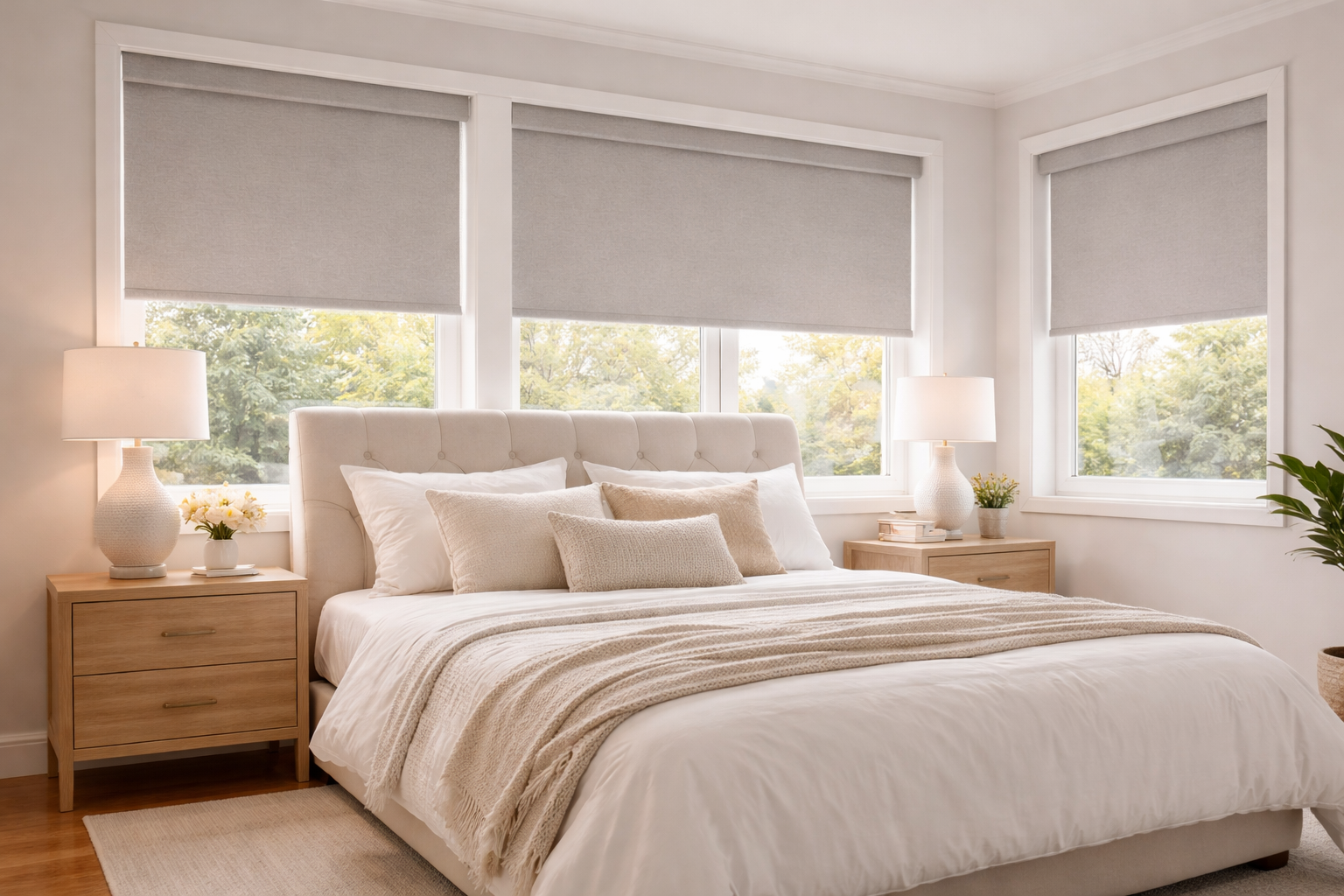 Grey roller shades in a contemporary Vaughan bedroom by Centurian Window Fashions